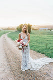 Rustic Lace Appliques V Neck Mermaid Wedding Dresses, Long Bride Dresses RJS15527 Rjerdress