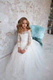 Rustic Long Sleeves Tulle Lace Appliqued Flower Girl Dress With Bowknot Rjerdress