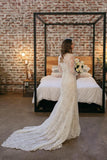 Rustic Sheath Long Sleeves Wedding Dress With Lace Beading Vintage Beach Bride Dress W1003