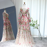 A line Tulle Appliques V Neck Prom Dresses with Long Sleeves RJS727