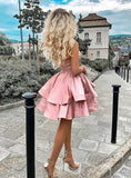 Satin A Line One Shoulder Pink Short Homecoming Dresses with Above Knee H1216