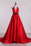 Satin A Line Party Dresses Halter With Beads Open Back Rjerdress