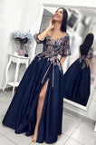 Satin A line Short Sleeve Blue Prom Dresses with High Slit, Long Evening Dresses with Pockets RJS676