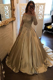Satin Ball Gown Gold Long Sleeves Scoop Lace Appliques Beads Floor Length Prom Dresses RJS771