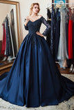 Satin Ball Gown Off-The-Shoulder Long Sleeve Prom Dresses With Applique
