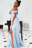 Satin Blue Sweetheart Cold Shoulder A Line Prom Dresses with Slit Long Evening Dress RJS674 Rjerdress