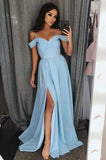 Satin Blue Sweetheart Cold Shoulder A Line Prom Dresses with Slit Long Evening Dress RJS674