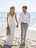 Satin Elegant V Neck Mermaid Beach Wedding Dresses Minimalist Gown Rjerdress