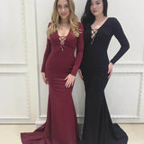 Satin Fabulous Black Halter Deep V-neck Long Sleeve Sexy Prom Dresses Rjerdress