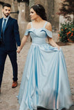Satin Light Blue Prom Gowns with Folded Neckline Sweetheart Long Prom Dresses RJS485