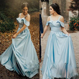 Satin Light Blue Prom Gowns with Folded Neckline Sweetheart Long Prom Dresses RJS485 Rjerdress