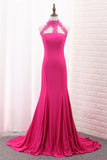 Satin Mermaid High Neck Party Dresses With Applique Sweep Train Rjerdress