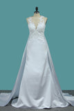 Satin Mermaid Scoop Court Train Detachable Bridal Dresses With Applique