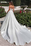 Satin Neckline A-line Open Back Lace Wedding Dress With Pockets Lace Appliques Rjerdress