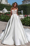 Satin Neckline A-line Open Back Lace Wedding Dress With Pockets Lace Appliques Rjerdress