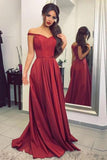Satin Off the Shoulder A-line Sweep Train Sashes Sweetheart Burgundy Prom Dresses RJS604
