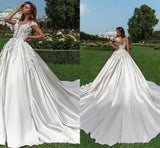 Satin Scoop A Line Wedding Dresses With Handmade Flower And Sash Chapel Train Rjerdress