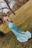 Satin Strapless Mermaid Fitted Long Ice Blue Prom Dress with Slit Rjerdress