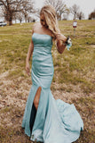 Satin Strapless Mermaid Fitted Long Ice Blue Prom Dress with Slit