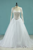 Scoop A-Line Bridal Dresses Court Train Tulle With Applique Long Sleeves