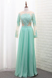 Scoop A Line Chiffon Long Sleeves Party Dresses With Applique Floor Length Rjerdress