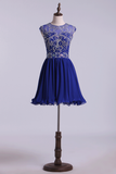 Scoop A Line Dark Royal Blue Hoco Dresses  Beaded Bodice Tulle&Chiffon Short