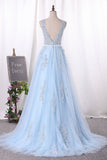 Scoop A Line Prom Dresses Tulle With Applique Sweep Train Rjerdress