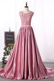 Scoop A Line Satin Party Dresses With Applique And Beads Sash/Ribbon Rjerdress