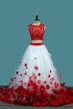 Scoop A Line Tulle Two-Piece Wedding Dresses With Applique And Handmade Flower Rjerdress