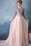 Scoop A-line Pink Chiffon with Silver Lace Appliqued Long 3/4 Sleeves Prom Dresses rjs311 Rjerdress