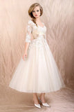 Scoop Ball Gown Half Sleeve Tea Length Formal Dresses With Applique And Ribbon