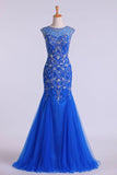 Scoop Beaded And Fitted Bodice Trumpet Party Dress Tulle