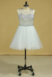 Scoop Beaded Bodice A Line Hoco Dress Short/Mini With Tulle Skirt White Plus Size