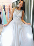 Scoop Beads Long Cheap Open Back Chiffon A-Line Sleeveless Prom Dresses RJS777