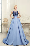Scoop Blue A-Line Appliques Satin Backless Sleeveless Quinceanera Dress Prom Dresses UK Rrjs456 Rjerdress