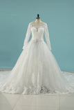 Scoop Bridal Dresses A Line Long Sleeves Tulle Court Train