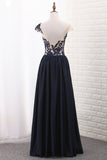 Scoop Cap Sleeve A Line Satin With Applique Floor Length Party Dresses Rjerdress