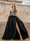Scoop Cap Sleeves Prom Dresses With Applique & Slit Floor Length
