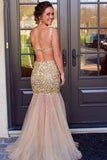 Scoop Floor-Length Tulle Sequins Sleeveless Backless Beading Prom Dresses RJS395