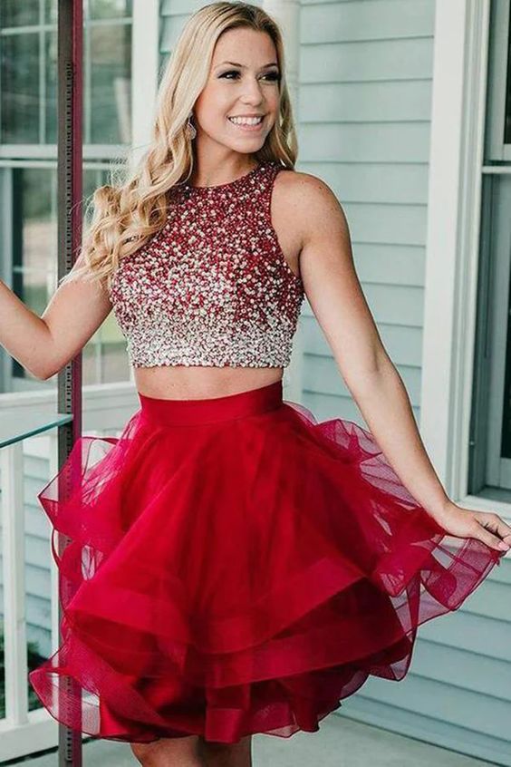Scoop Homecoming Dresses Two-Piece Beaded Bodice Tulle Short Rjerdress