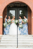 Scoop Ink Blue Print Bridesmaid Dress with Belt