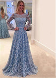 Scoop Long Sleeves Lace With Sash A Line Sweep Train Prom Dresses