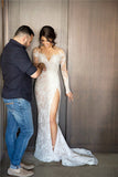 Scoop Long Sleeves Lace With Slit Wedding Dresses Chapel Train Detachable Rjerdress