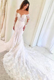 Scoop Long Sleeves Mermaid Wedding Dresses Tulle With Applique Chapel Train