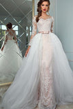 Scoop Long Sleeves Sheath Wedding Dresses Tulle With Applique Chapel Train Detachable Rjerdress