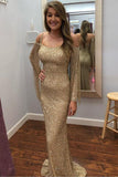 Scoop Mermaid Sequins Spaghetti Straps Long Sleeves Floor Length Prom Dresses With Tassel