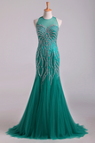 Scoop Mermaid Tulle Party Dresses Fully Beaded Bodice Sweep Train Rjerdress