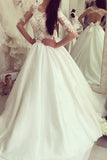 Scoop Mid-Length Sleeves Satin With Applique A Line Wedding Dresses Rjerdress