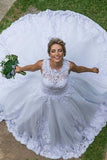 Scoop Neck A Line Court Train Wedding Dresses With Appliques Rjerdress