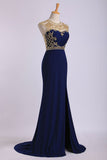 Scoop Neckline Column Beaded Bodice Party Dresses With Court Train & Slit Rjerdress